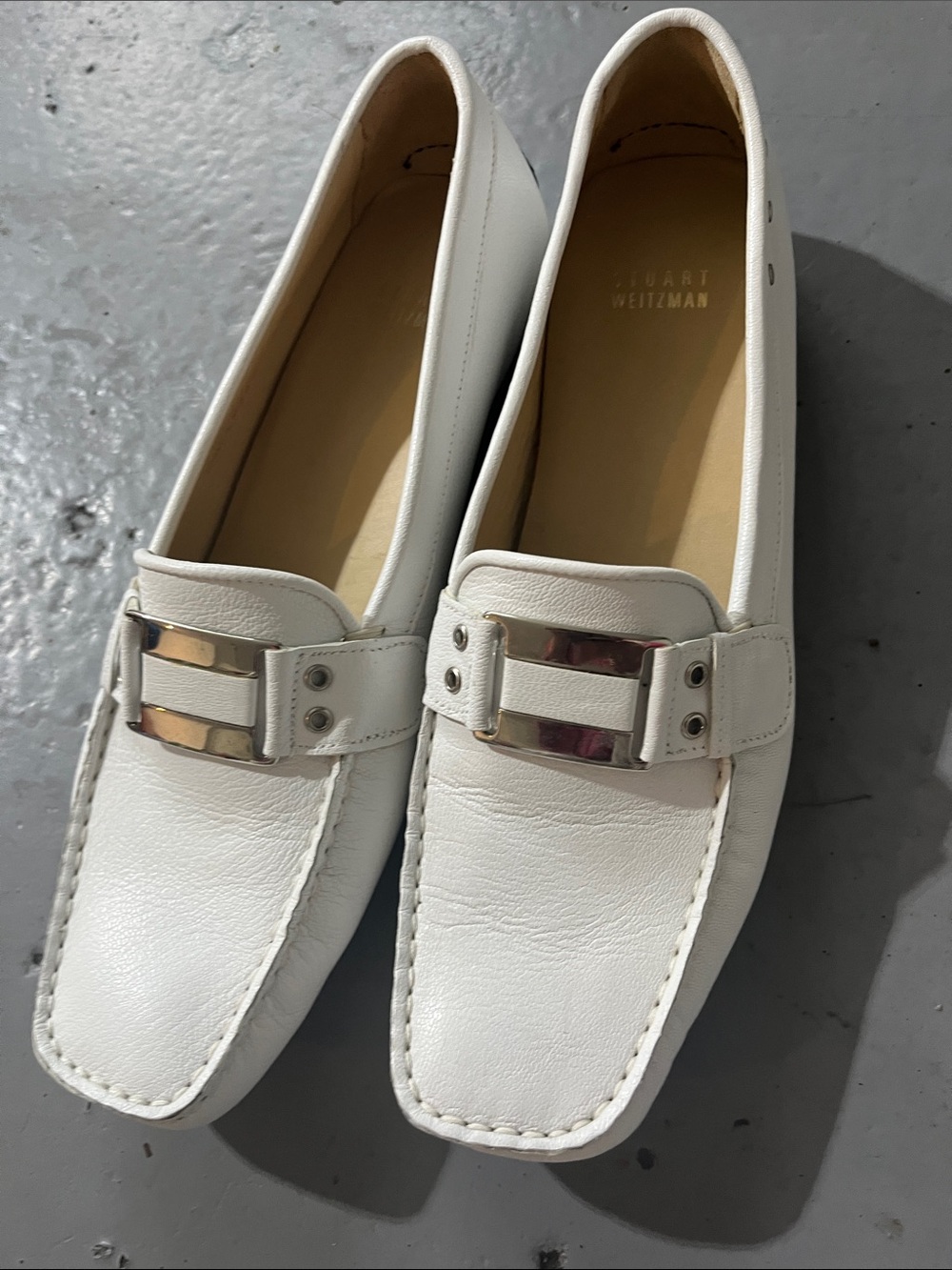 Stuart Weitzman White Leather Buckle Loafers with Silver Hardware 8.5 M